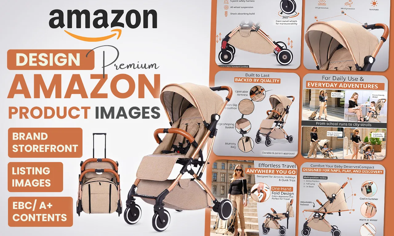 Amazon listing infographics for a compact folding baby travel stroller