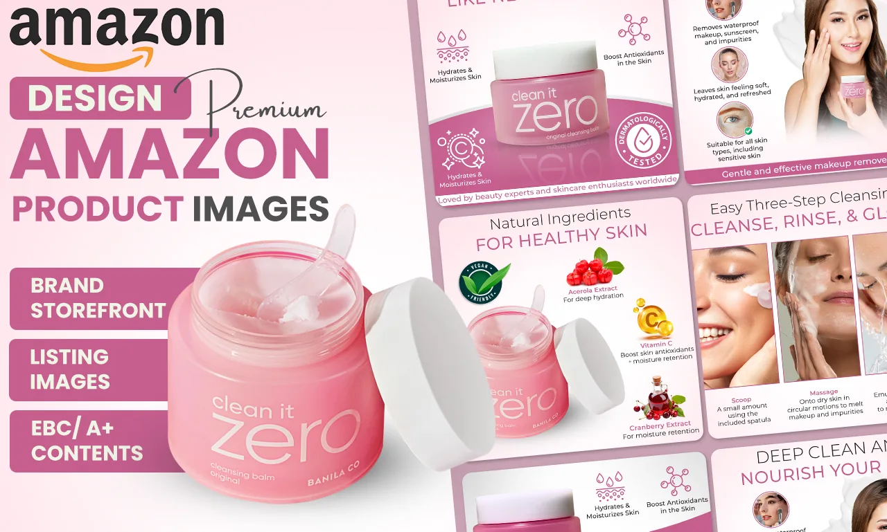 Amazon listing images for a skincare cleansing balm, with ingredient and how-to-use modules