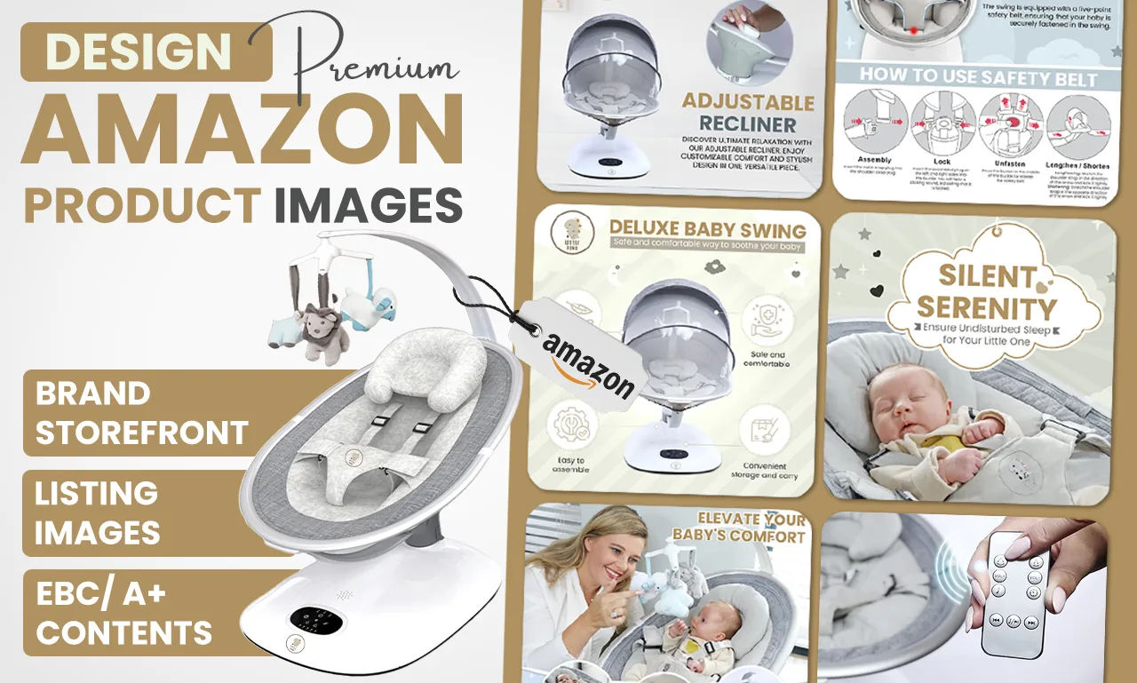 Amazon listing infographics for an electric baby swing, covering assembly, safety belt and remote