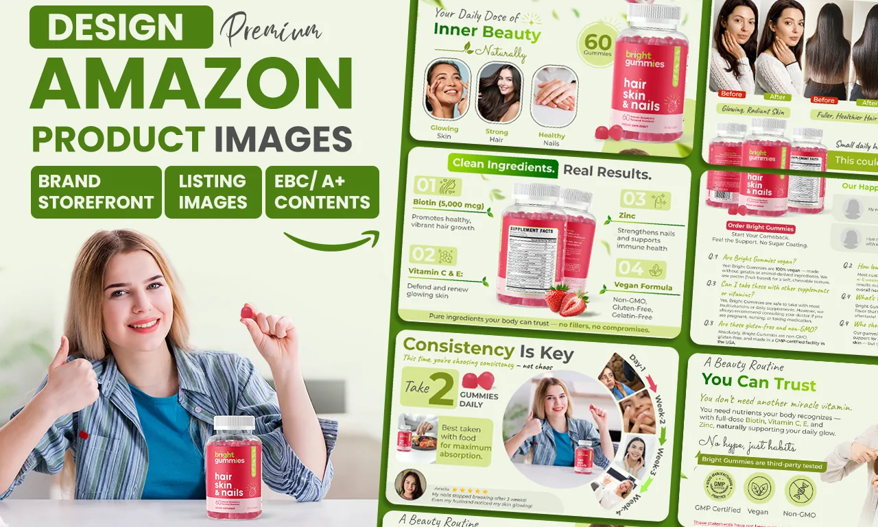Amazon listing images and A+ content designed for a hair, skin and nails gummy supplement