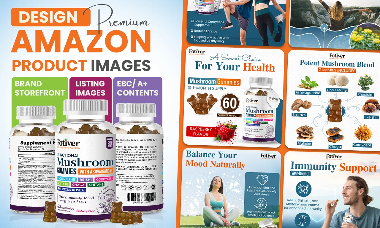 Amazon listing image set and A+ modules for a functional mushroom gummy supplement