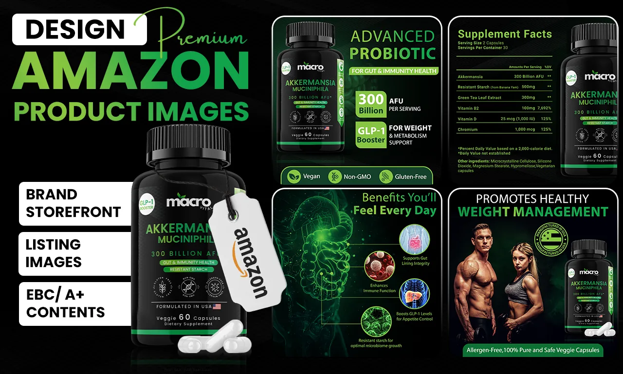 Amazon listing images and A+ content for a probiotic gut health supplement in capsules