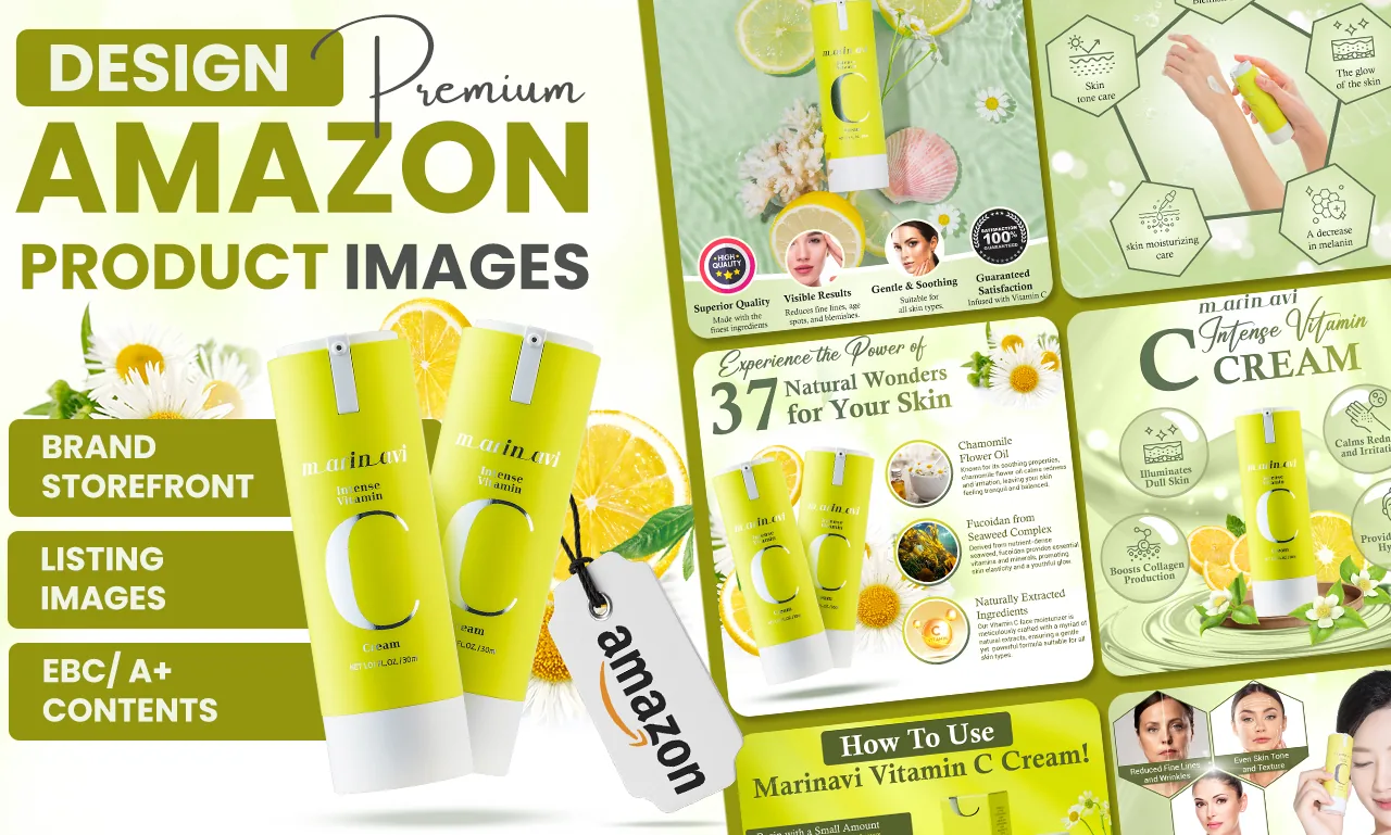 Amazon listing images and A+ content for a vitamin C face cream, built around its natural ingredients