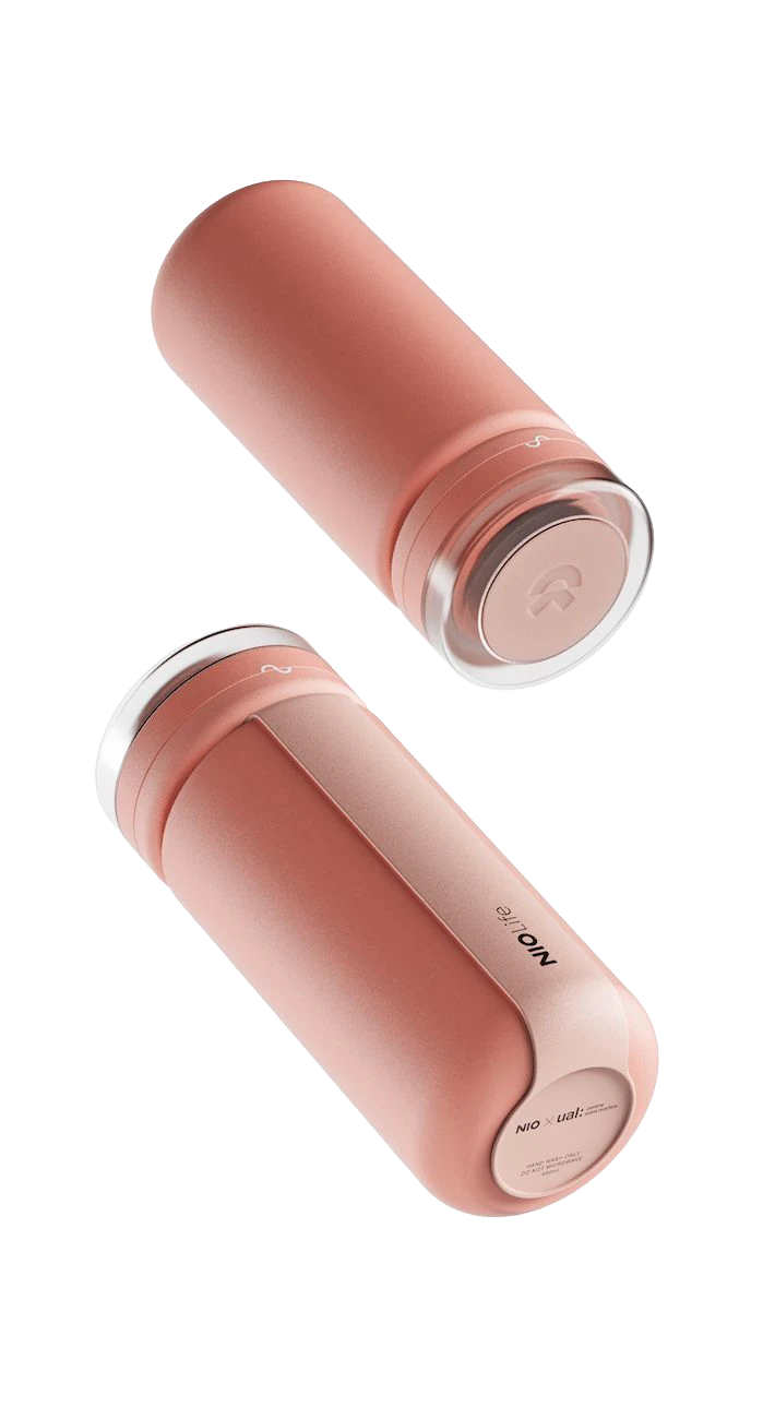 Photorealistic 3D render of a rose-coloured insulated tumbler shown from two angles