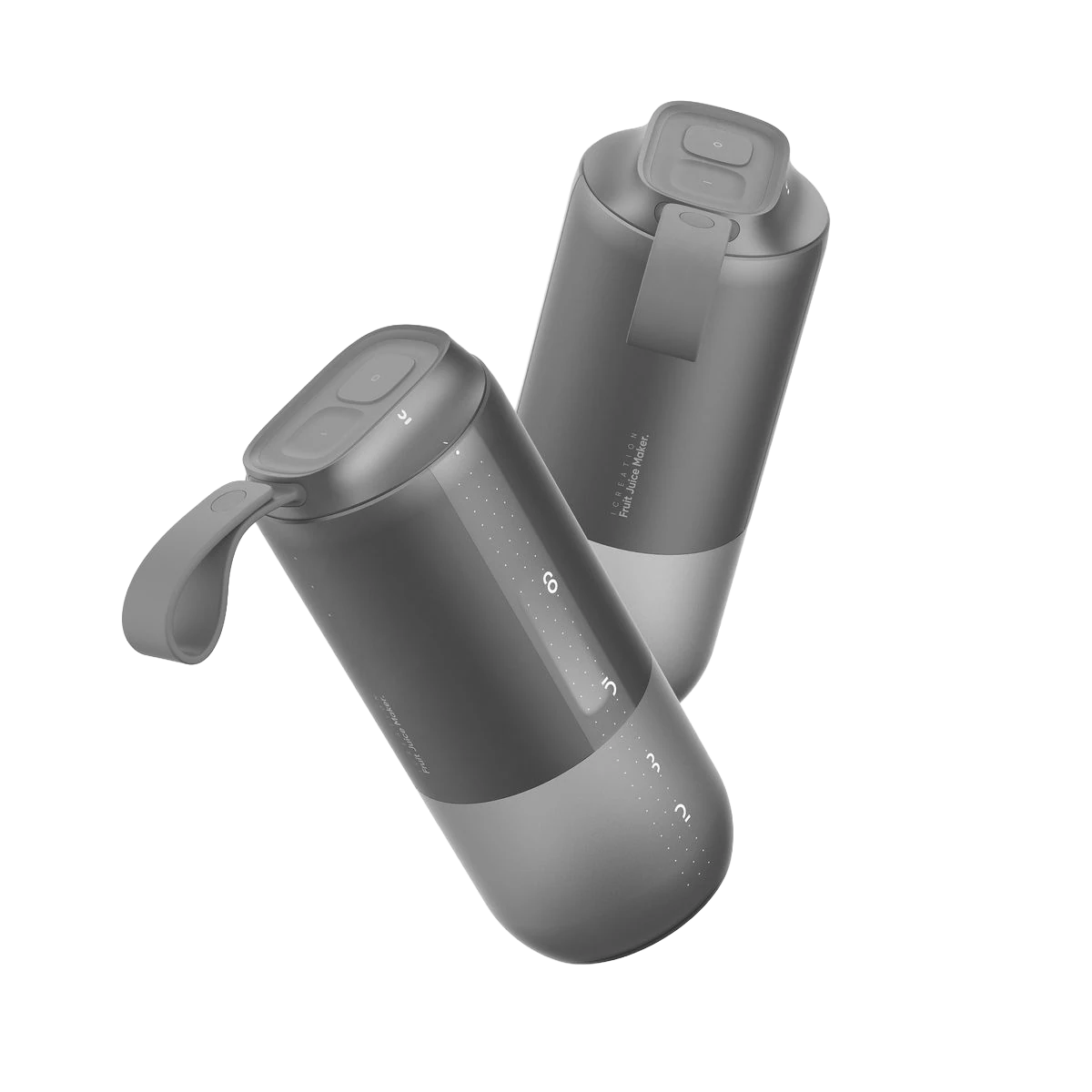 Photorealistic 3D render of a portable juice blender bottle shown from two angles