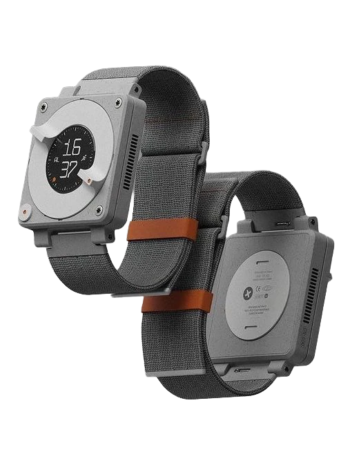 Photorealistic 3D render of a rugged smartwatch, front and back, on a fabric strap