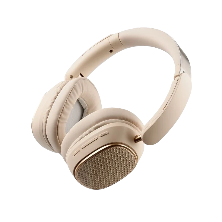 Photorealistic 3D render of cream and gold over-ear wireless headphones